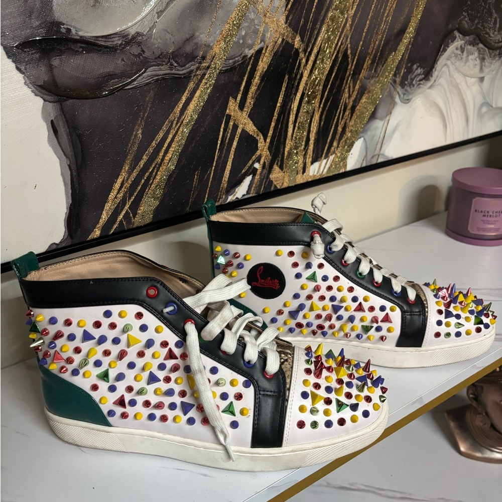 Christian Louboutin White Leather High-Top Sneakers with Multicolor Studs